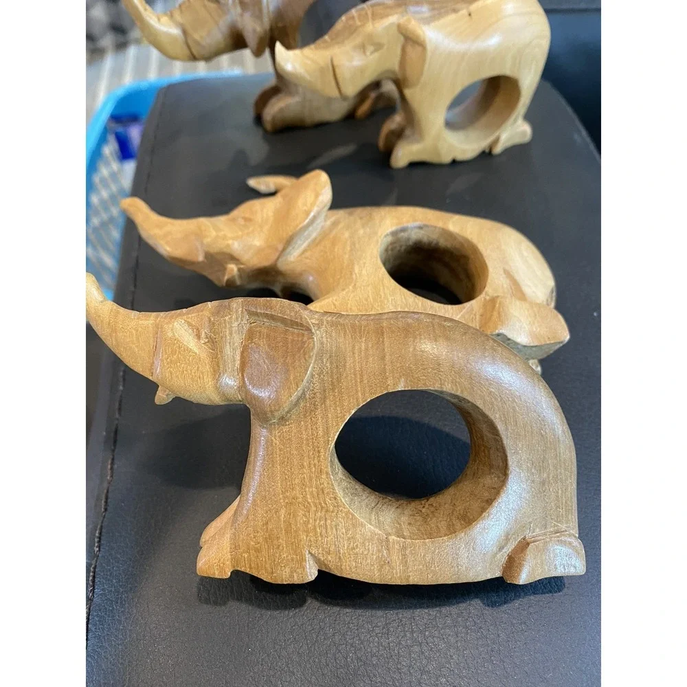 Wooden Elephant Napkin Holder Rings Hand Carved Painted African Safari Animal 4